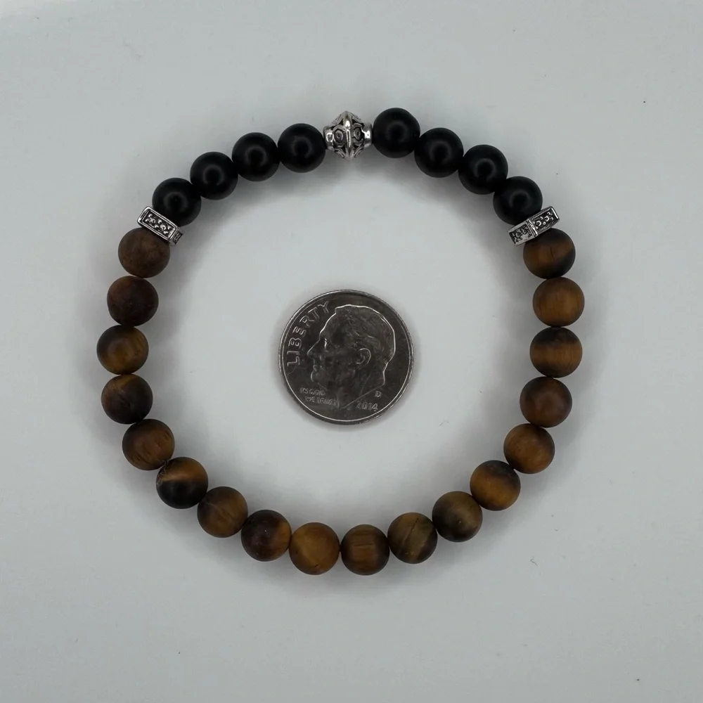 HAND CRAFTED Matte Onyx & Tiger Eye Beaded Stretch Bracelet 6.0” Circumference